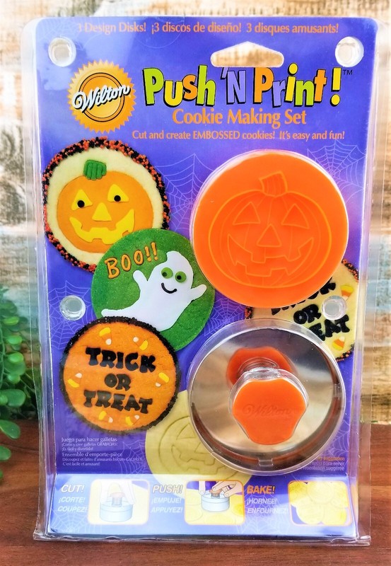 Wilton Push N Print Cookie Making Cut Emboss Cutter 3 Stamps Halloween Themed
