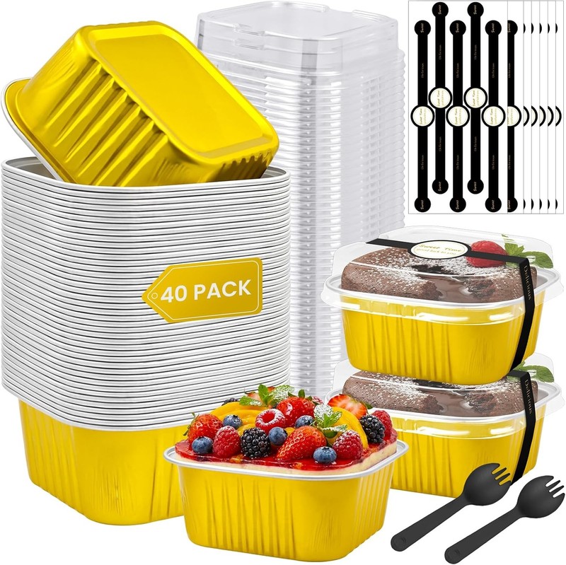40 Pack Mini Cake Pans with Lids, 5oz Square Aluminum Foil Baking Cups with