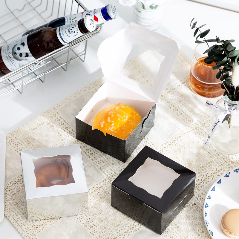 100 PCS Paper Cookie Boxes Window Small Bakery Cake Black 4x4x2.5 Inch Treat gallery