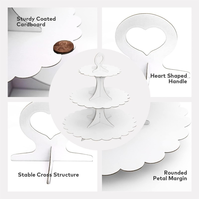 White Cupcake Stand Tower, 3-Tier Cardboard Dessert Display with Heart Handle... gallery