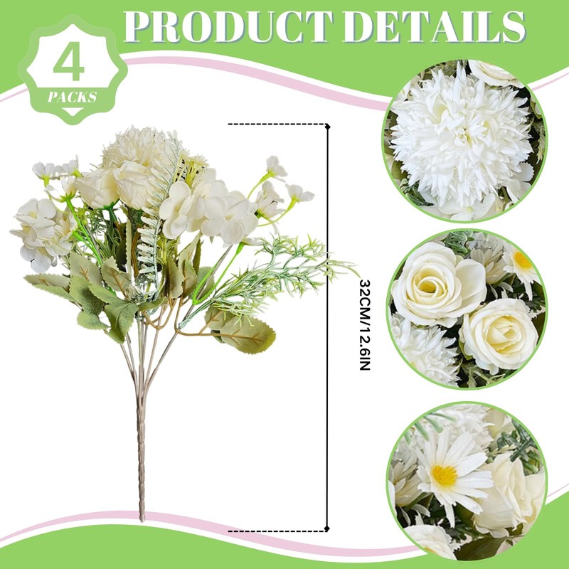Astryas White Artificial Flowers 4Pcs Fake Rose Silk Chrysanthemum Ball gallery