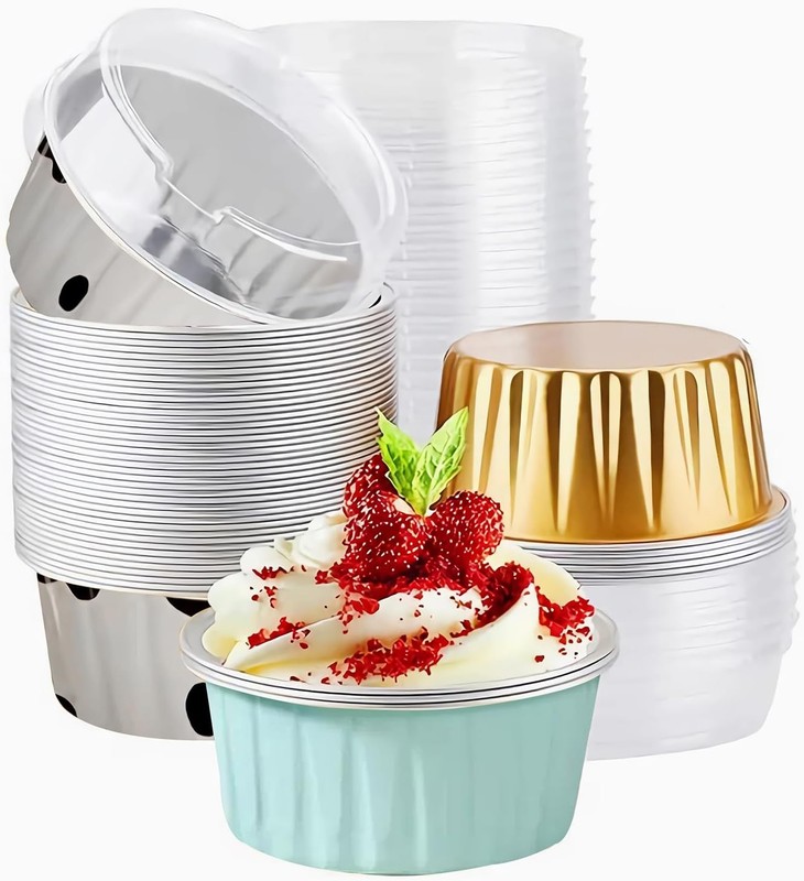 50PCS Mixed color Disposable Ramekins W/ lids,5oz Mini Aluminium Foil Baking