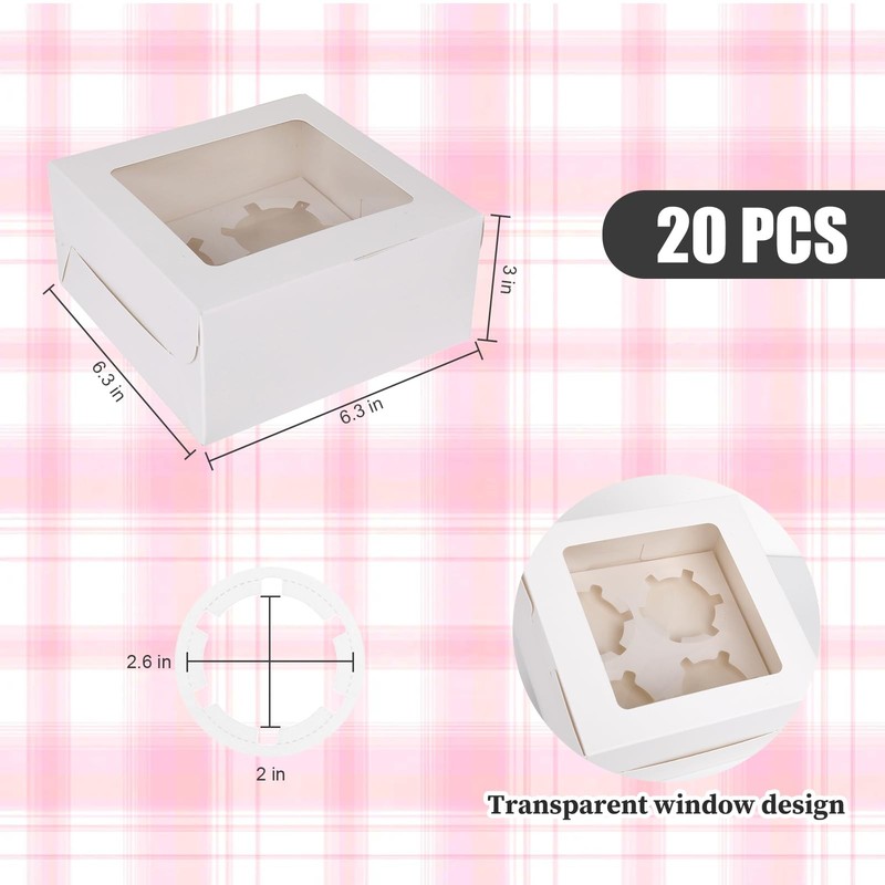 20 PCS Cupcake Boxes 4 Count 6.3x6.3x3 Inch Clear Window Insert White gallery