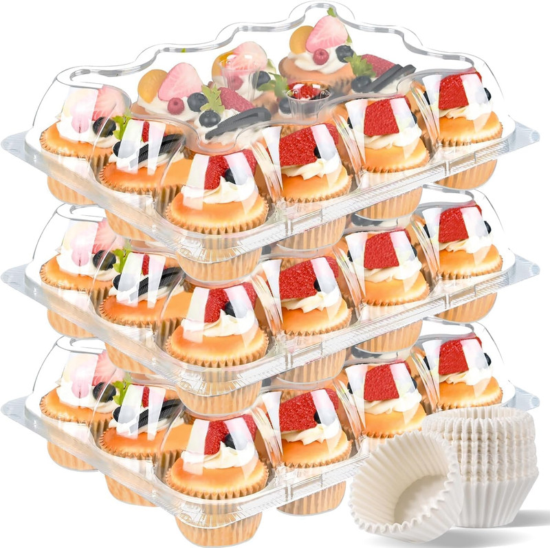 Plastic Cupcake Containers 12 Count (12 Sets), Stackable Cupcake Boxes Holders w