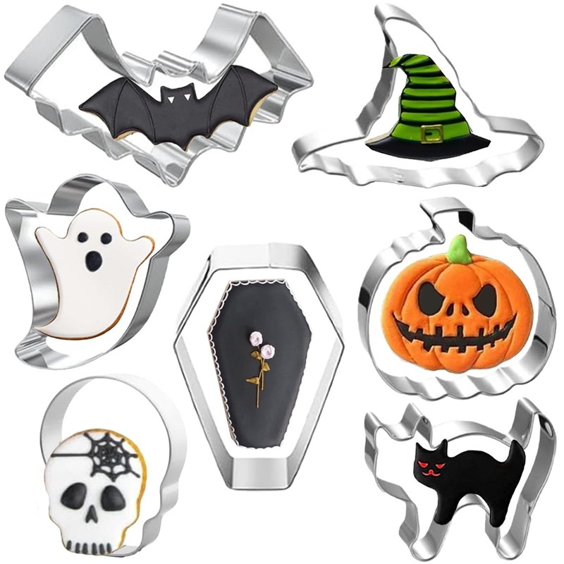 Halloween Cookie Cutters 7 Pieces – Pumpkin, Ghost, Bat, Coffin, Skull, Black…