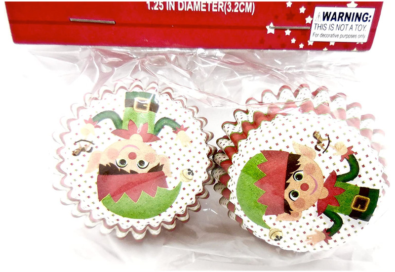 Christmas Elves Cupcake Cups,Jingle Bell Elf on Top,Red/Green,100x Mini
