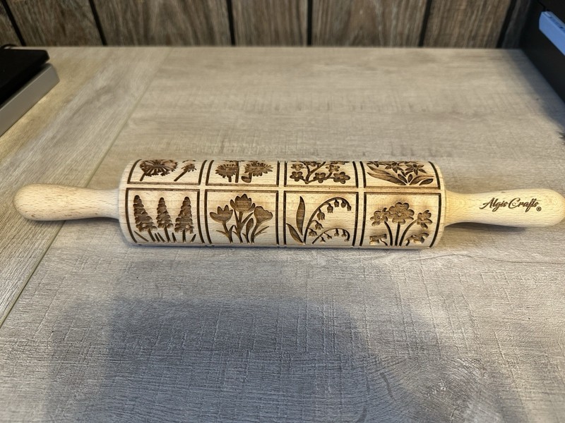 Algis Crafts Engraved Wooden Rolling Pin Wildflowers Cookie Tea Biscuit Imprint