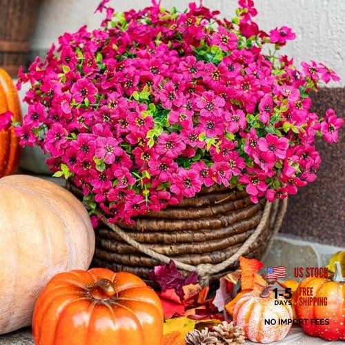 Artificial Flowers 12 Bundles UV Resistant Fake Silk Plants Realistic Fuchsia
