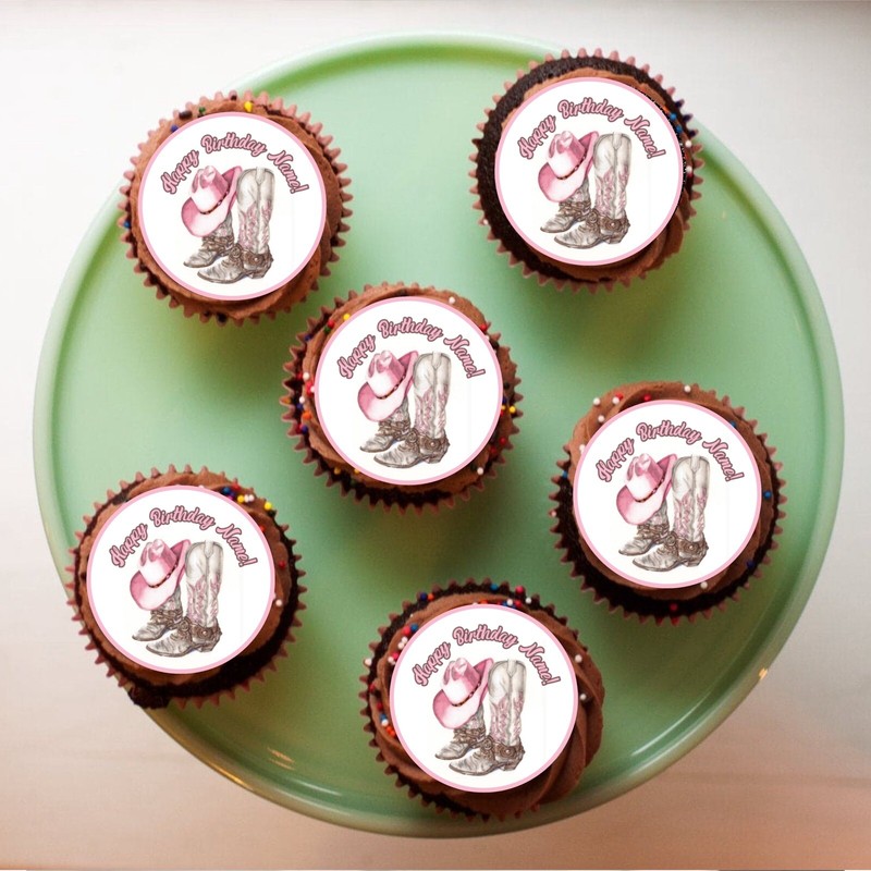 cow girl custom edible topper , pink cow girl cupcake toppers UNCUT gallery
