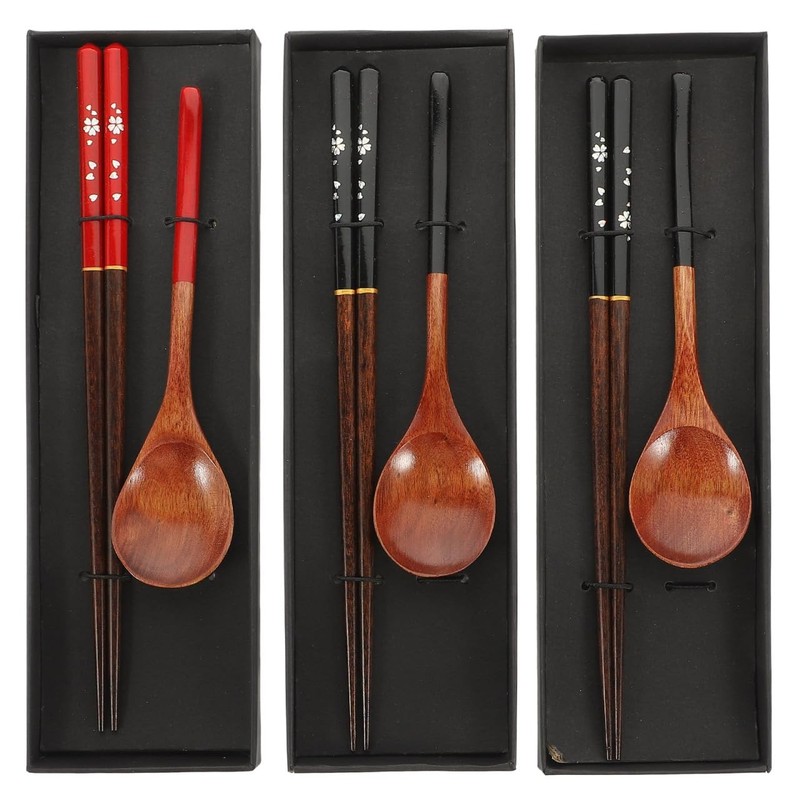 Japanese Style Wooden Spoon and Chopsticks Set 3 Pairs Lightweight Reusable T…