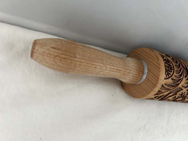 Decorative Wooden Embossed Rolling Pin W/ Floral & Snowflake Design 15in gallery