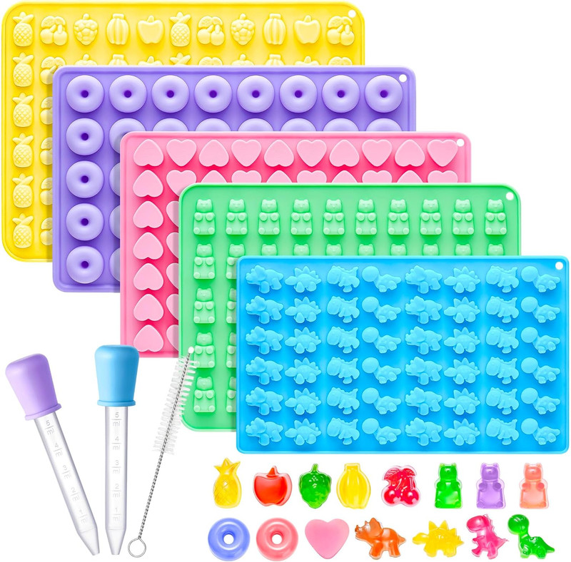Silicone Gummy Molds Set of 5, Non-Stick Candy Chocolate Molds with 2 Droppers 1