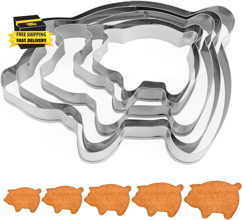 5Pcs Pig Cookie Cutters Set, 5 Sizes Stainless Steel Animal Shape Baking Molds f