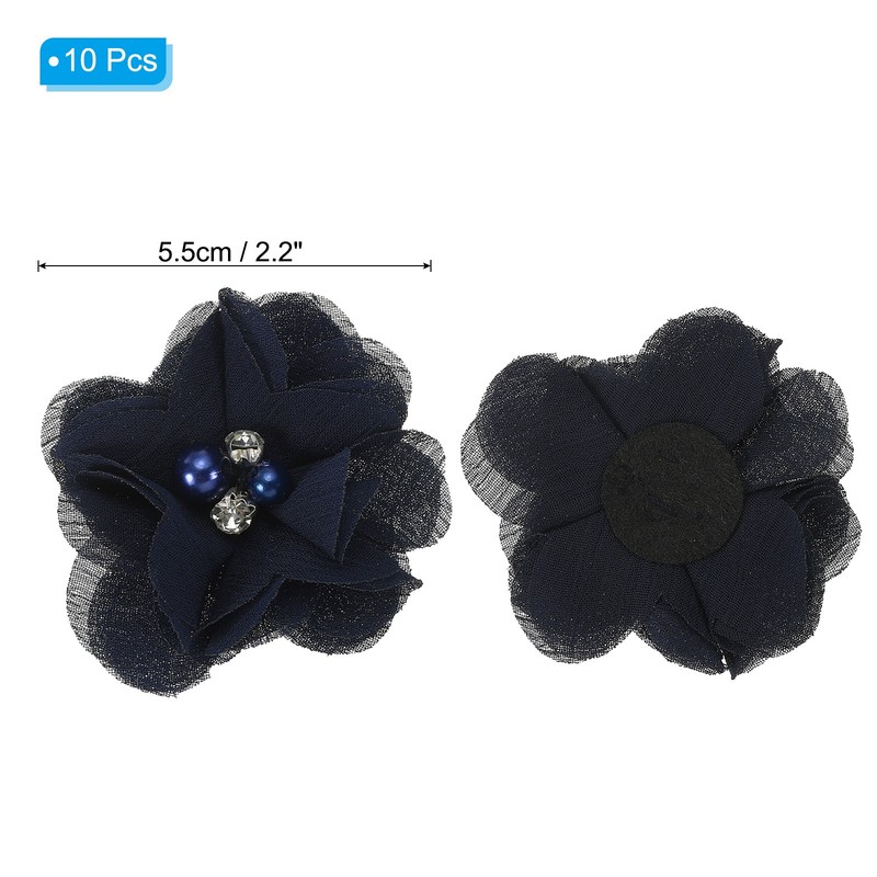 10Pcs 2" Chiffon Flowers with Rhinestone Pearl Appliques Decorate Dark Blue gallery
