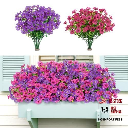 Artificial Flowers for Outdoor Indoor Plastic Fake 24 Bundles Fuchsia & Purple