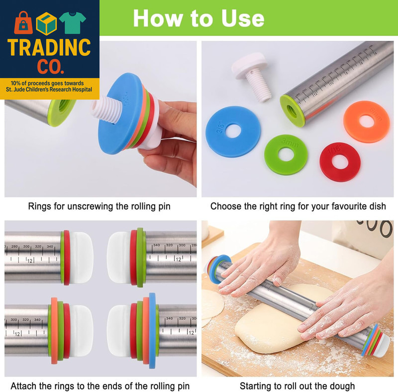 Adjustable Rolling Pin with Thickness Rings for Baking, Stainless Steel Designs gallery