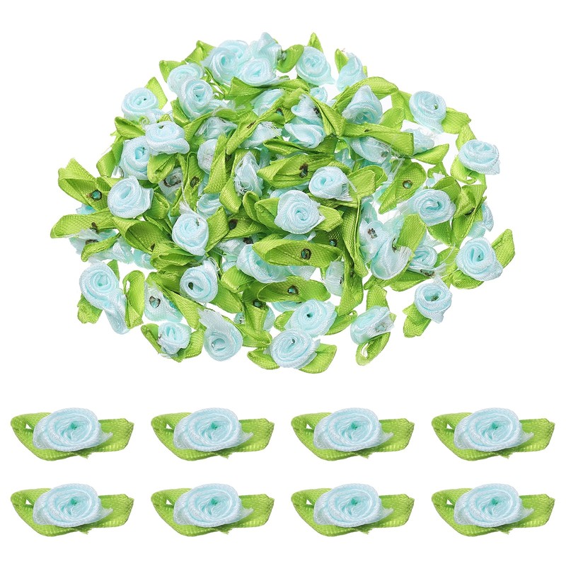 100 Pcs Mini Ribbon Roses Flowers Bows for Crafts, 15mm/0.6" Dia, Light Blue