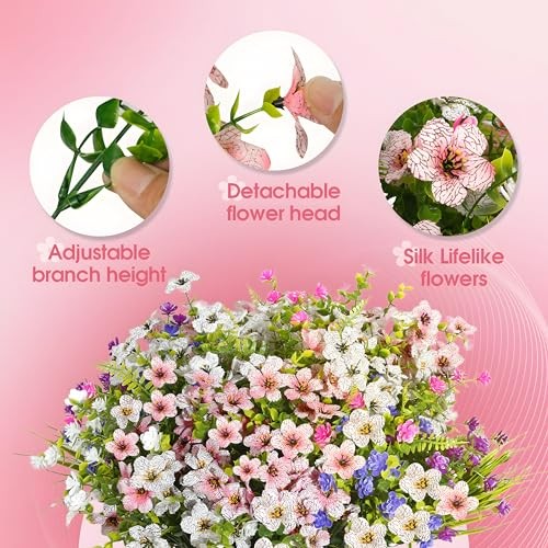 Fake Flowers for Outdoor UV Resistant 24 pcs Pink ＆ White （with Green Ferns） gallery