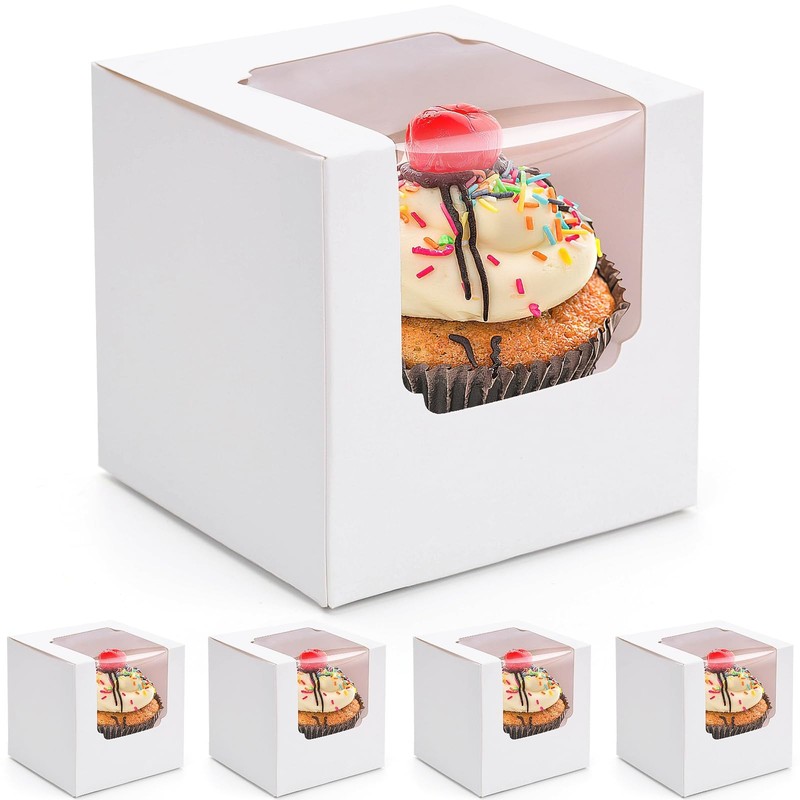 20 PCS White Cupcake Boxes 3.5×3.5×3.5 Inch Individual Containers Window