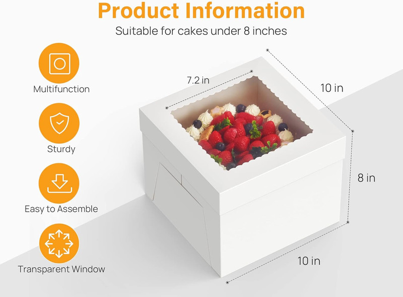 Kootek 15Pcs Cake Boxes, 10X10X8 Inches Tall Cake Box with Window, White Bakery gallery
