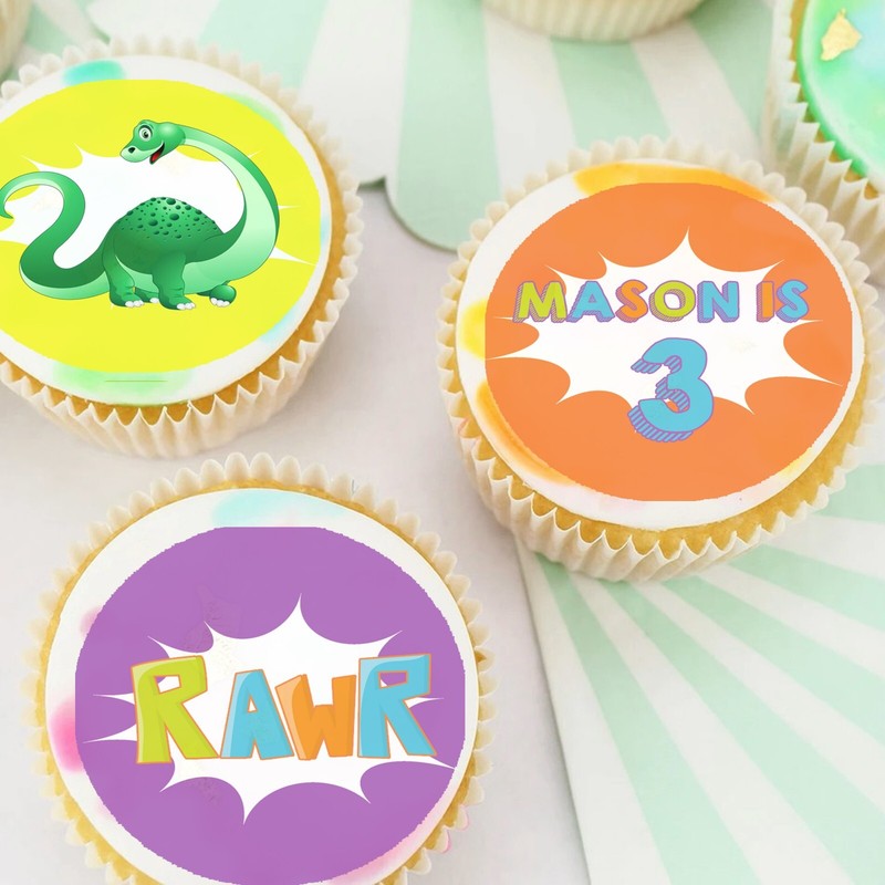 Dinosaur Dinosaurs Cute Colourful Pre-cut Edible Cupcake or Cookie Toppers