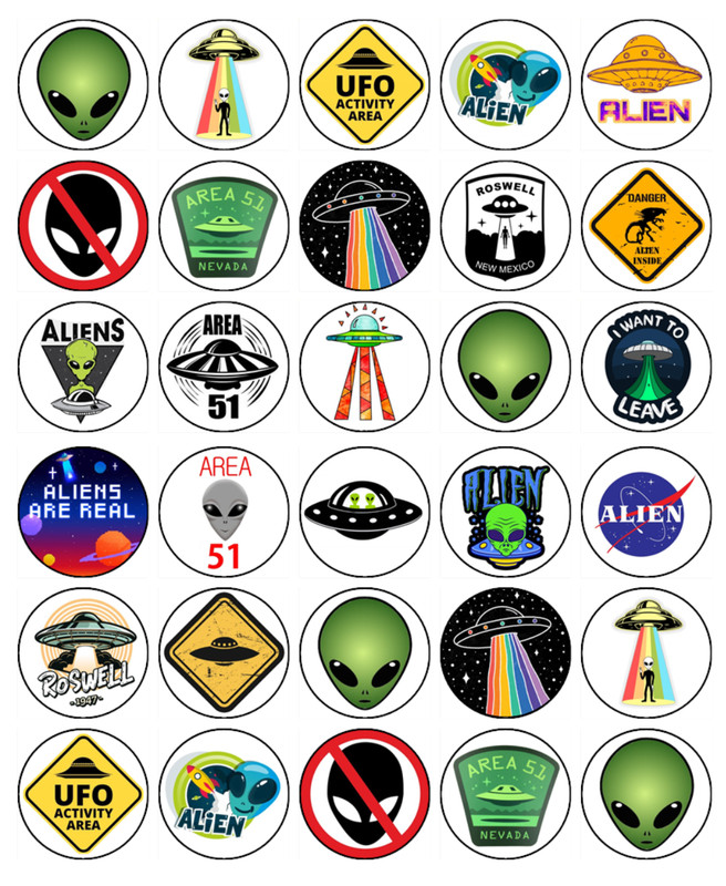 UFO’s & Aliens Cupcake Toppers Edible Icing Birthday Cake Decorations (2 Sizes)