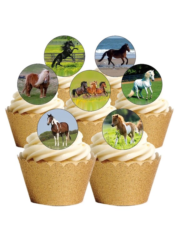 24 PRECUT Round Horse & Ponies Pony Themed Edible Wafer Paper Cupcake Toppers