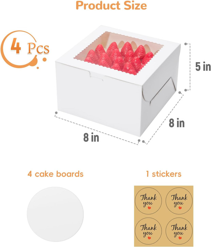 Small Cake Boxes 8 Inch with Window, 4 Set Bakery Boxes with Cake Boards & Stick gallery