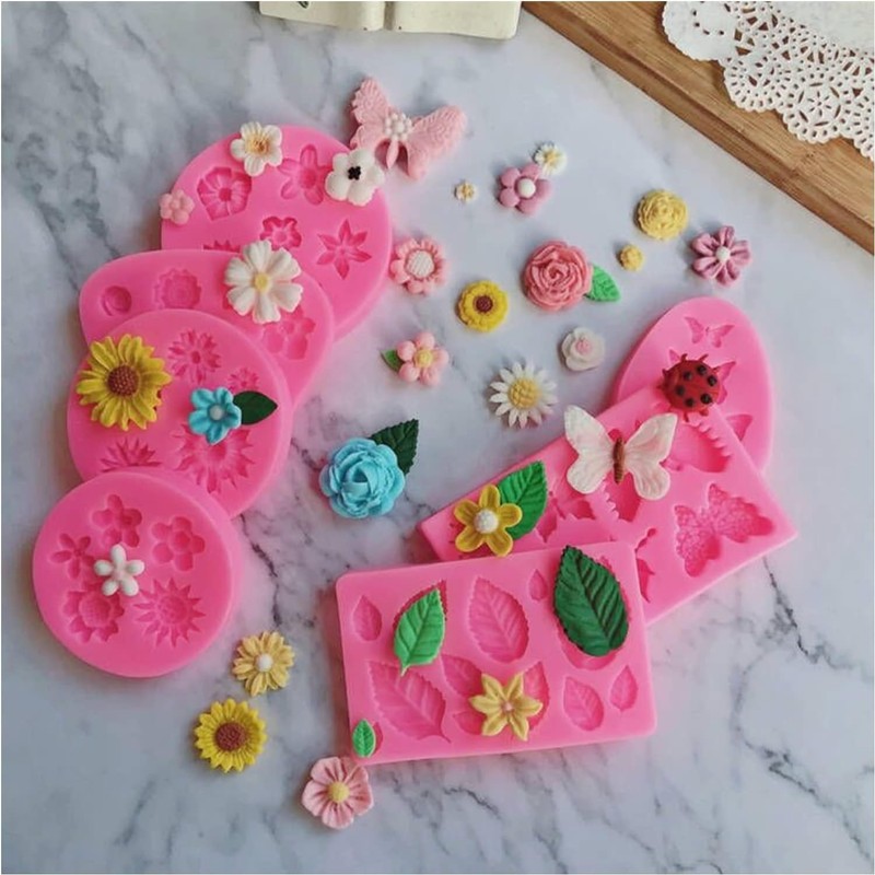 Silicone Cake Mold Set -8 Pcs, Rose Butterfly Daisy Rose Leaf and Mini Flowers gallery