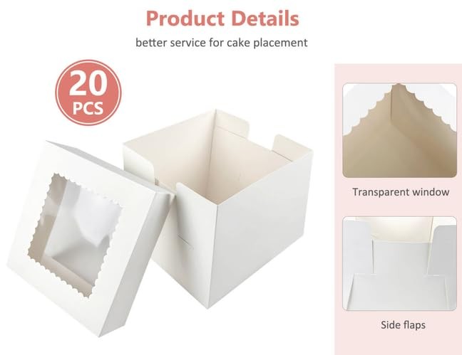 20 PCS 12x12x8 Inch White Bakery Square Cardboard Cake Boxes With Window gallery