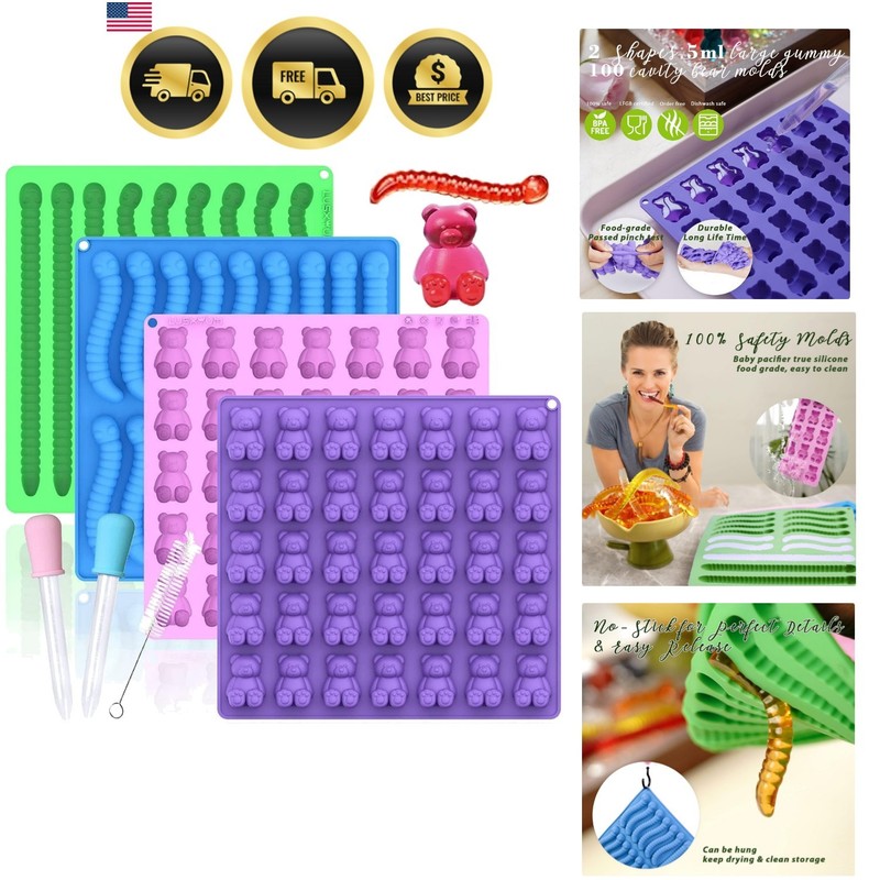 Large Gummy Bear and Worm Mold Silicone, 4 PCS No Stick Chocolate Candy Gummy…