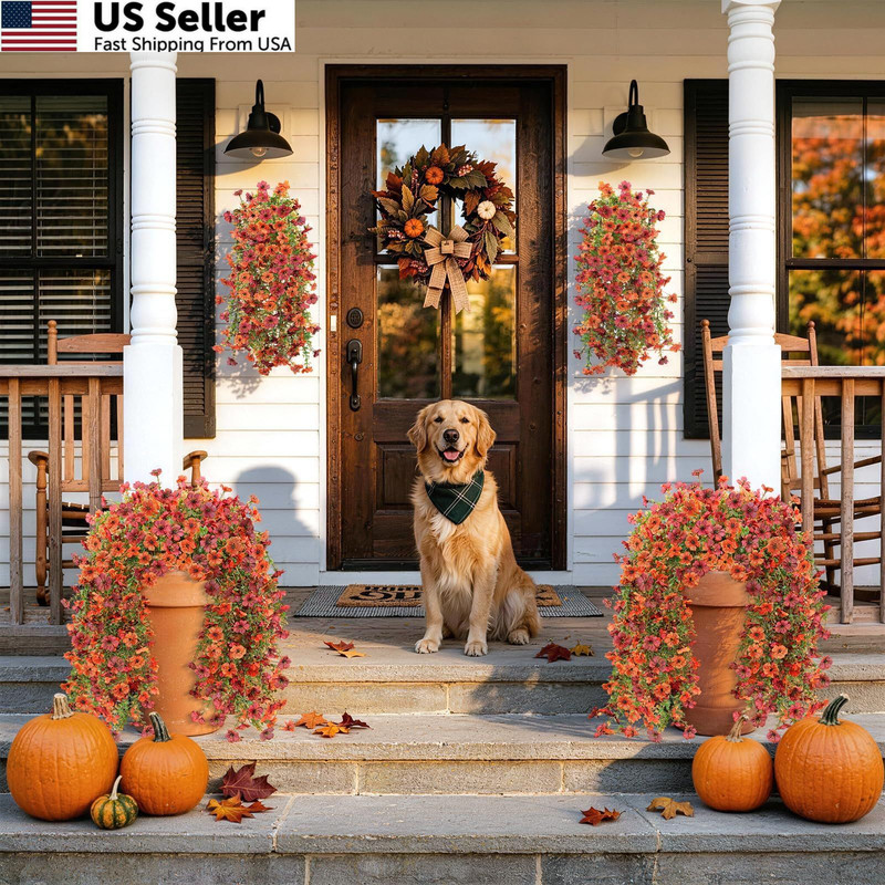 Artificial Fall Fake Flowers for Outdoor, 2 Pcs Medium, Orange Autumn Red gallery