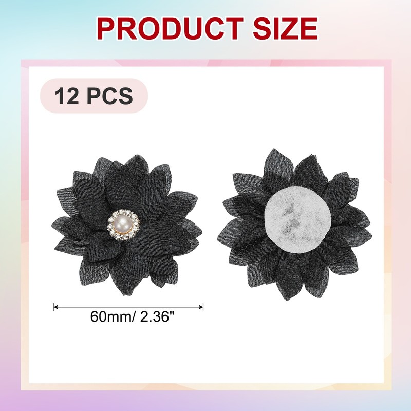2.36 in Rhinestone Chiffon Flower, 12 Pcs Fabric Appliques, Black gallery