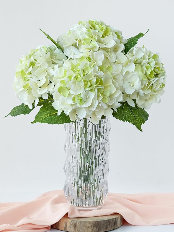 Sumtiphun 4 Pcs White/Green Real Touch Hydrangeas Artificial Hydrangeas Flowers