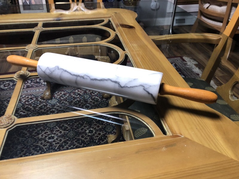 Vintage Marble Rolling Pin 18” Long Barrel 10” Wood Handles Heavy EUC Gray White