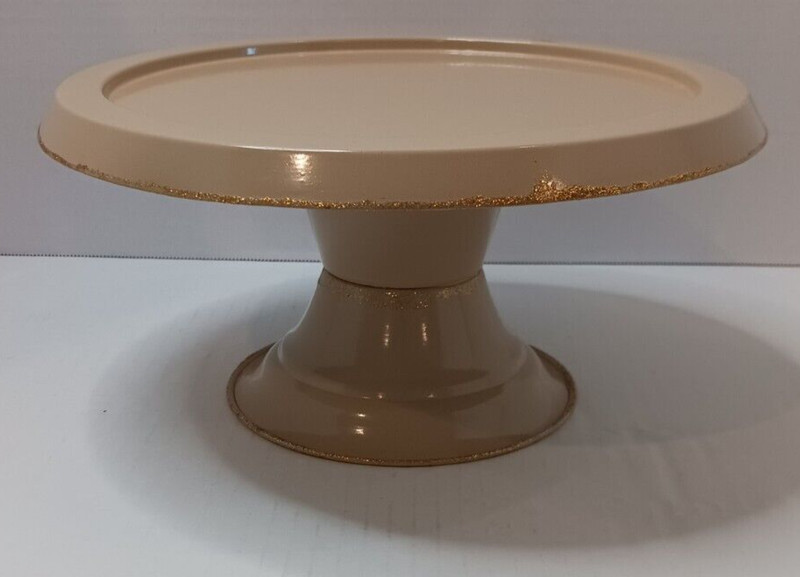 Tin Metal Pedestal Cake/Dessert Stand Beige w/Glitter Trim