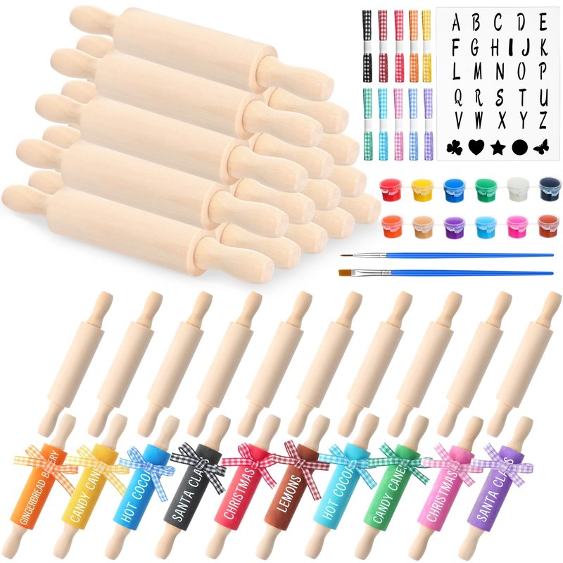 30 Pack 5 Inch Mini Wooden Rolling Pin Crafts Plaid Ribbon Paint Brush Set