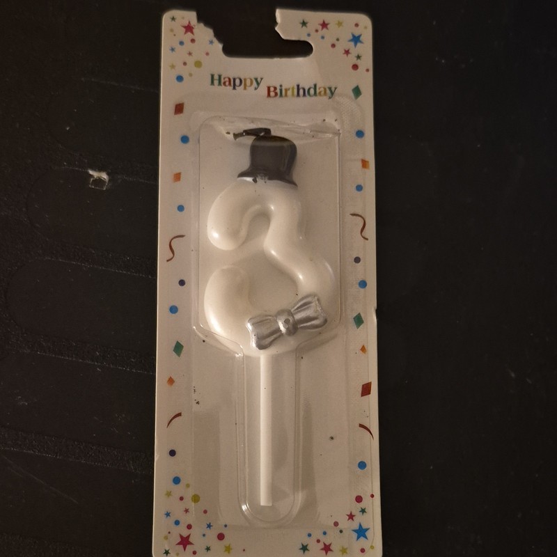 Numeral 3 Birthday Cake Candle White w/ Black Top Hat & Silver Bow Tie