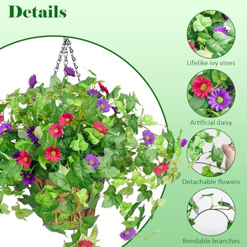 2 Pack Artificial Hanging Flowers with 6pcs with 2 baskets Purple+hot Pink gallery