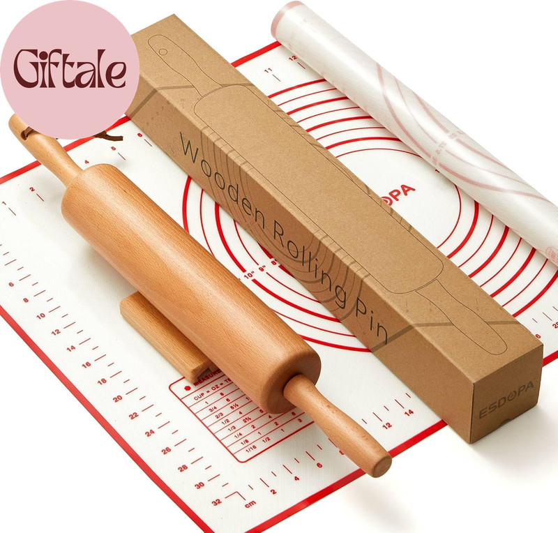 Classic Wood Rolling Pin – Wooden Rolling Pins for Baking Silicone Mat Set, Doug