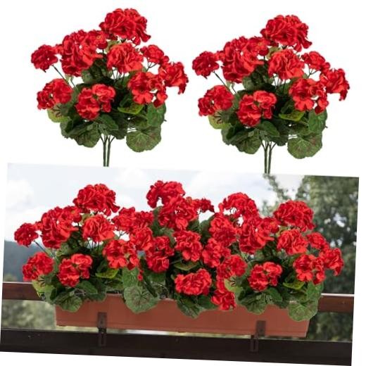 4pcs Fake Flower Artificial Geranium,Artificial Flowers for Outdoors Red-4