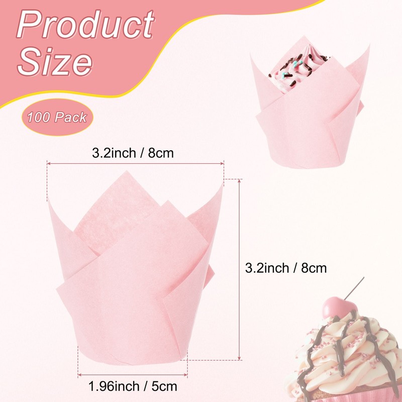 100-Pack Tulip Cupcake Liners, Greaseproof Paper Baking Cups for Party[Pink] gallery
