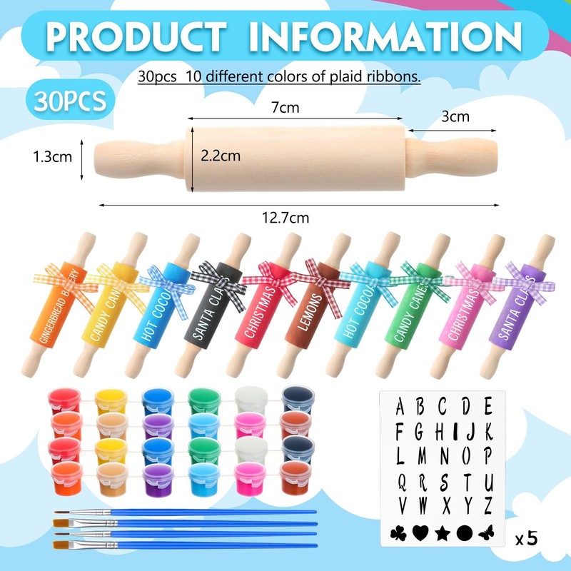 30 Pack Mini Rolling Pin for Crafts, Small Wooden Dough Rollers with Plaid Ri... gallery