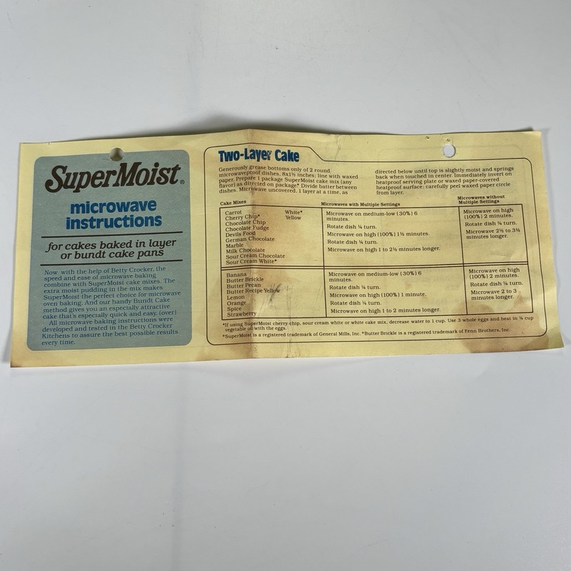Vintage Betty Crocker SuperMoist Microwave Cake Instructions Bundt Layer Insert