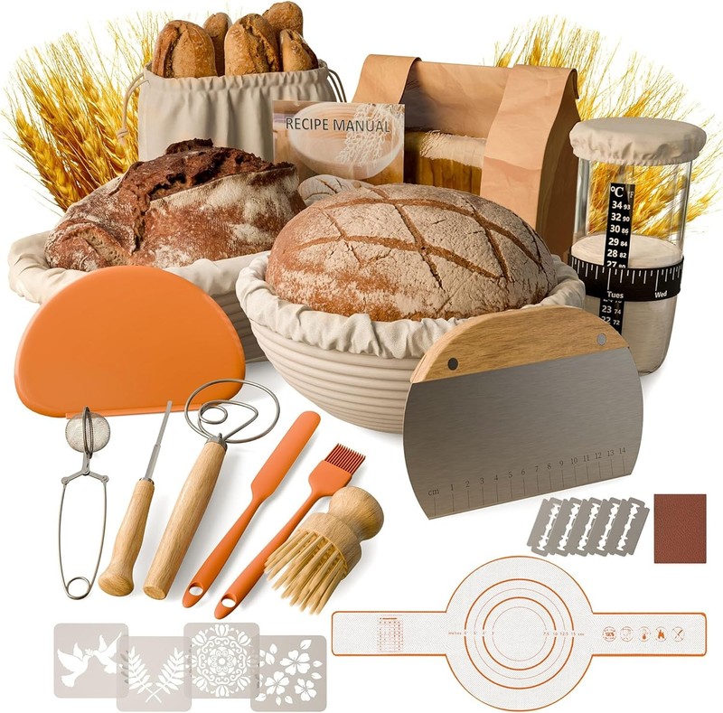 Sourdough Starter Kit, 9″ Round and 9.7″ Oval Banneton Proofing Baskets,