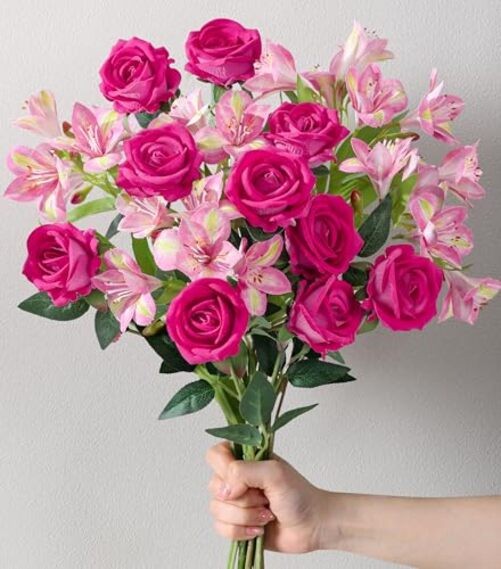 Fake Flowers, 14 Pcs Fake Roses & 10 Pcs Hot Pink Roses & 4 Pcs Pink Lilies gallery