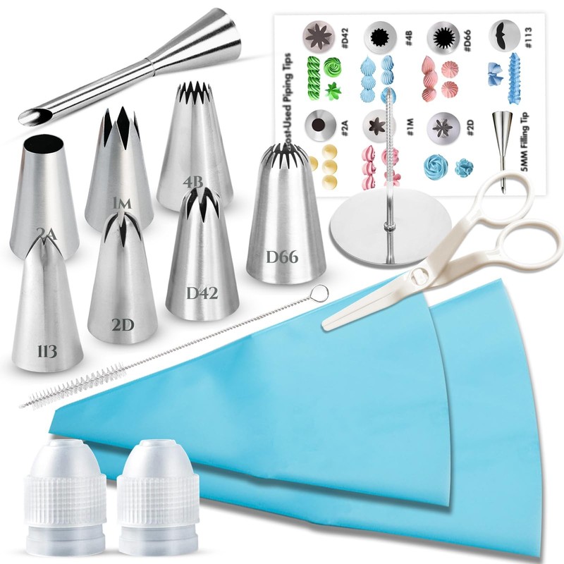 15PCS Reusable Piping Bags and Tips Set – Cake Decorating Kit with 8 Stainles…