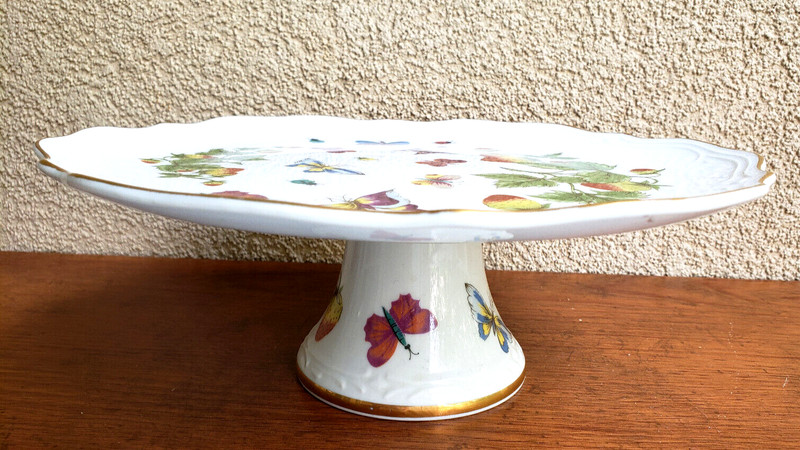 VTG 9 1/2 Inch Floral Insect Porcelain Pedestal Cake Stand Dessert Plate ✓ gallery