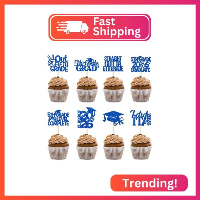 BZBAIS 32 Pieces Blue Glittery 5th Grade Grad Cupcake Toppers Class of 2026 5th