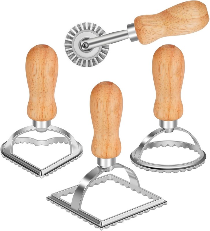 TACGEA Ravioli Stamp Maker Cutter with Roller Wheel (Set of 4), Wooden Silver